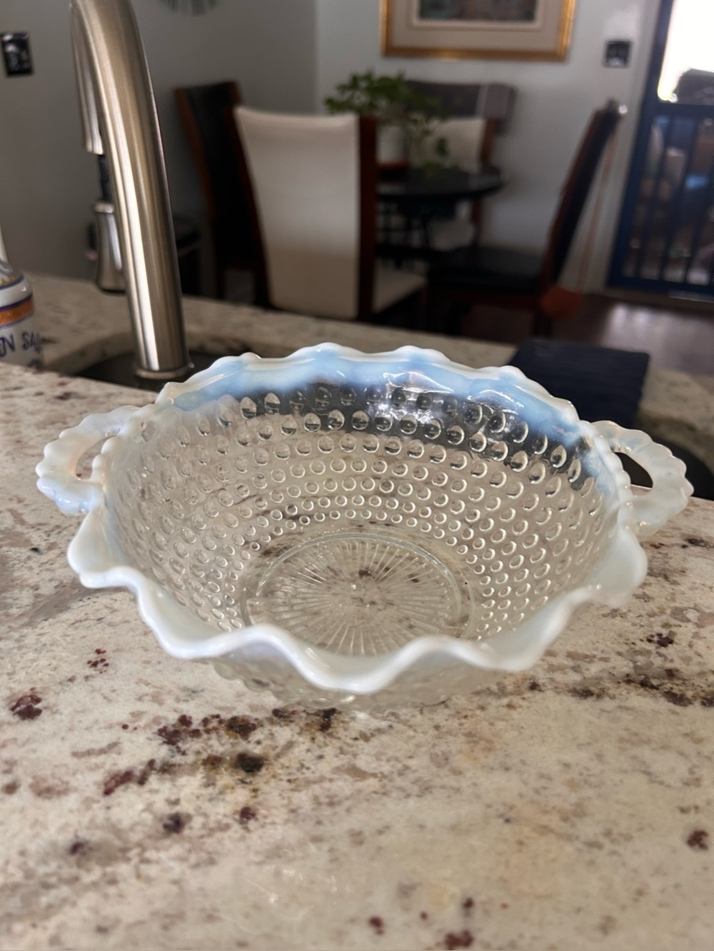 VTG Anchor Hocking 1940’s Moonstone opalescent hobnail handled bowl
